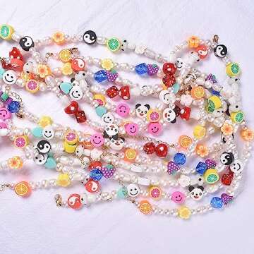 Miss Pink Beaded Necklace Pearl Choker Women Freshwater Pearl Y2K Necklace Cute Flower Mushroom Fruit Yin Yang Panda Dice Bead Handmade Boho Summer Beach Jewelry Gifts Teen