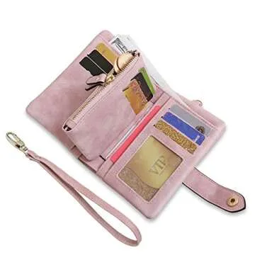 AOXONEL Women's Small Bifold Leather wallet Rfid blocking Ladies Wristlet with Card holder id window Coin Purse (Pink)