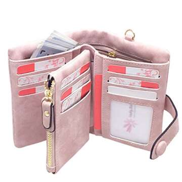 AOXONEL Women's Small Bifold Leather wallet Rfid blocking Ladies Wristlet with Card holder id window Coin Purse (Pink)