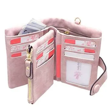 AOXONEL Women's Small Bifold Leather wallet Rfid blocking Ladies Wristlet with Card holder id window Coin Purse (Pink)