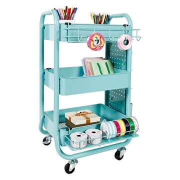Recollections Gramercy Cart, Teal – 3 Tier Rolling Cart with 10 Storage Accessories for Craft Storage and More