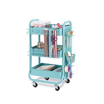 Recollections Gramercy Cart, Teal – 3 Tier Rolling Cart with 10 Storage Accessories for Craft Storage and More