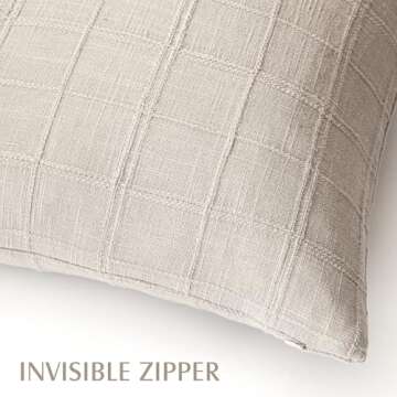 Foindtower Set of 2 Decorative Linen Check Throw Pillow Covers Neutral Farmhouse Vintage Cushion Covers Modern Boho Home Decor For Sofa Chair Couch Bedroom Living Room Outdoor,20×20 Inch,Natural Linen