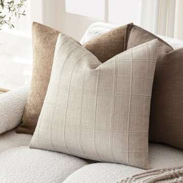 Foindtower Set of 2 Decorative Linen Check Throw Pillow Covers Neutral Farmhouse Vintage Cushion Covers Modern Boho Home Decor For Sofa Chair Couch Bedroom Living Room Outdoor,20×20 Inch,Natural Linen