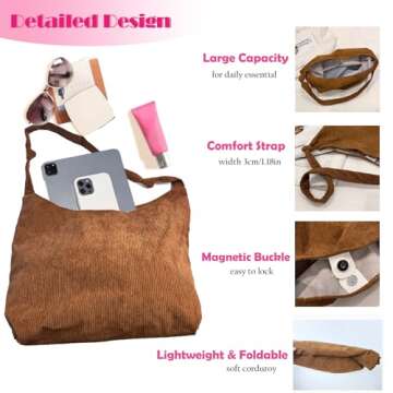 Corduroy Tote Bag, Shoulder Purses for Women,Canvas Crossbody Reusable tote bag Lightweight Foldable (Brown)