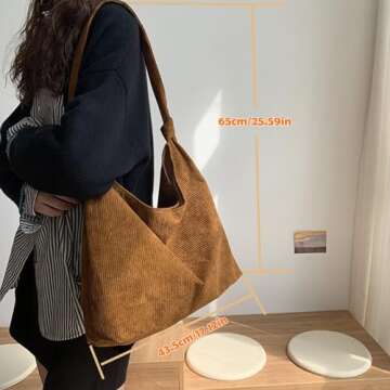 Corduroy Tote Bag, Shoulder Purses for Women,Canvas Crossbody Reusable tote bag Lightweight Foldable (Brown)