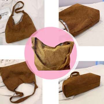 Corduroy Tote Bag, Shoulder Purses for Women,Canvas Crossbody Reusable tote bag Lightweight Foldable (Brown)