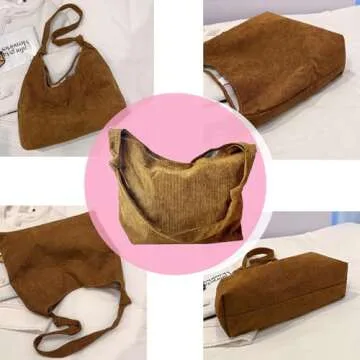 Corduroy Tote Bag, Shoulder Purses for Women,Canvas Crossbody Reusable tote bag Lightweight Foldable (Brown)