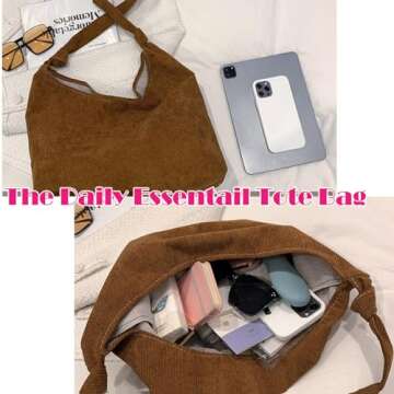 Corduroy Tote Bag, Shoulder Purses for Women,Canvas Crossbody Reusable tote bag Lightweight Foldable (Brown)