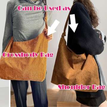 Corduroy Tote Bag, Shoulder Purses for Women,Canvas Crossbody Reusable tote bag Lightweight Foldable (Brown)
