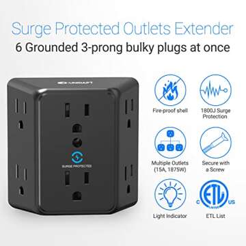 Multi Plug 6 Outlet Extender, Unidapt Black Surge Protector Wall Splitter, 1800J Power Strip 3 Side ...
