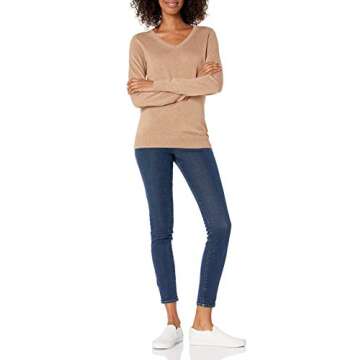 Amazon Essentials Women's Classic-Fit Lightweight Long-Sleeve V-Neck Sweater (Available in Plus Size), Camel Heather, Large