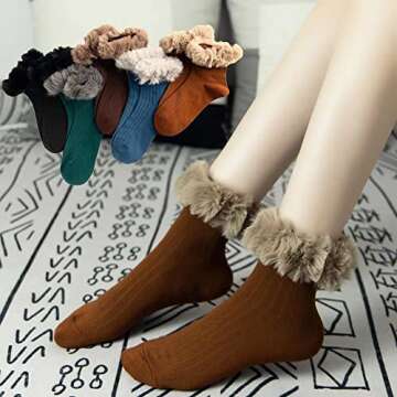 manipepe 5 Pairs Women's Faux Fur Trim Socks Warmers Soft Boot Cuffs Cover Calf Socks (Dark)
