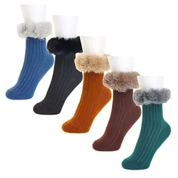 manipepe 5 Pairs Women's Faux Fur Trim Socks Warmers Soft Boot Cuffs Cover Calf Socks (Dark)