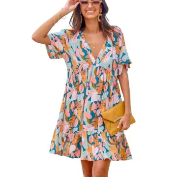 CUPSHE Women's Mini Dress V Neck Tropical Short Sleeve Loose Fit Ruffled Short Summer Casual Dress P...
