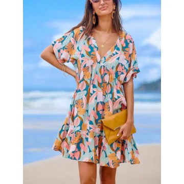 CUPSHE Women's Mini Dress V Neck Tropical Short Sleeve Loose Fit Ruffled Short Summer Casual Dress Pink Tropical, L