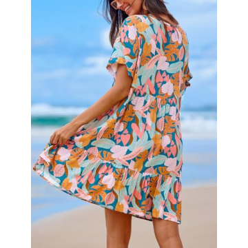 CUPSHE Women's Mini Dress V Neck Tropical Short Sleeve Loose Fit Ruffled Short Summer Casual Dress Pink Tropical, L