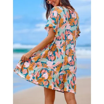 CUPSHE Women's Mini Dress V Neck Tropical Short Sleeve Loose Fit Ruffled Short Summer Casual Dress Pink Tropical, L