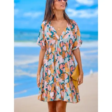 CUPSHE Women's Mini Dress V Neck Tropical Short Sleeve Loose Fit Ruffled Short Summer Casual Dress Pink Tropical, L