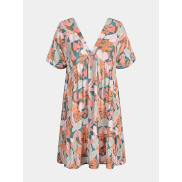 CUPSHE Women's Mini Dress V Neck Tropical Short Sleeve Loose Fit Ruffled Short Summer Casual Dress Pink Tropical, L