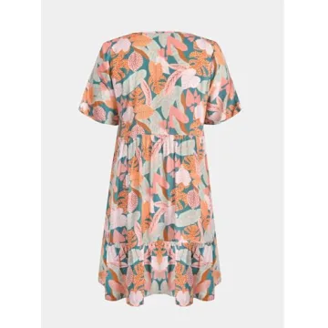 CUPSHE Women's Mini Dress V Neck Tropical Short Sleeve Loose Fit Ruffled Short Summer Casual Dress Pink Tropical, L