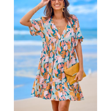 CUPSHE Women's Mini Dress V Neck Tropical Short Sleeve Loose Fit Ruffled Short Summer Casual Dress Pink Tropical, L