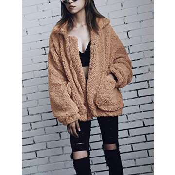 Gzbinz Women's Casual Warm Faux Shearling Coat Jacket Autumn Winter Long Sleeve Lapel Fluffy Fur Outwear Camel 2XL