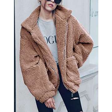 Gzbinz Women's Casual Warm Faux Shearling Coat Jacket Autumn Winter Long Sleeve Lapel Fluffy Fur Outwear Camel 2XL