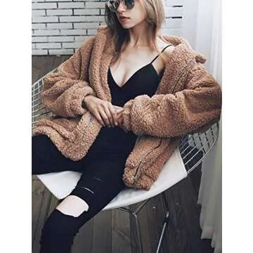 Gzbinz Women's Casual Warm Faux Shearling Coat Jacket Autumn Winter Long Sleeve Lapel Fluffy Fur Outwear Camel 2XL