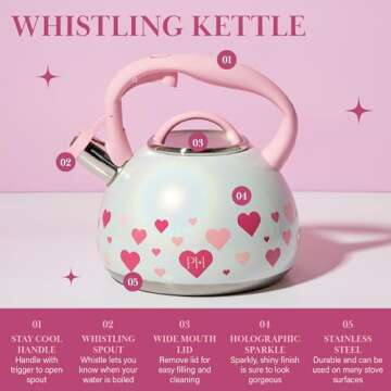 Paris Hilton Whistling Stovetop Tea Kettle, Stainless Steel with Iridescent Heart Design, Soft Touch...