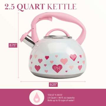 Paris Hilton Whistling Stovetop Tea Kettle, Stainless Steel with Iridescent Heart Design, Soft Touch Handle, 2.5-Quart, Iridescent