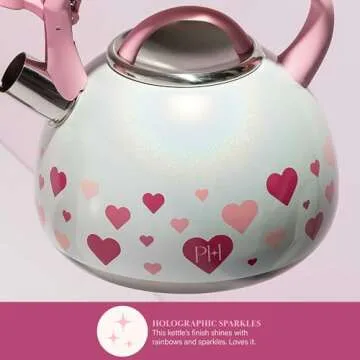 Paris Hilton Whistling Stovetop Tea Kettle, Stainless Steel with Iridescent Heart Design, Soft Touch Handle, 2.5-Quart, Iridescent