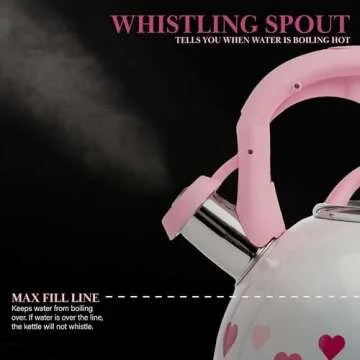 Paris Hilton Whistling Stovetop Tea Kettle, Stainless Steel with Iridescent Heart Design, Soft Touch Handle, 2.5-Quart, Iridescent