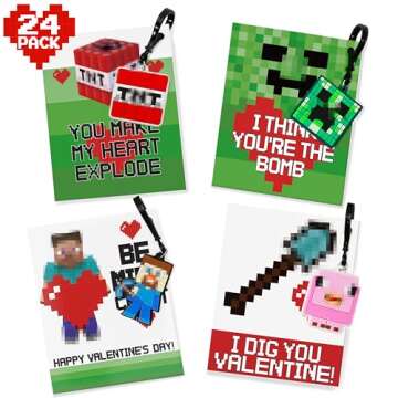 Mythcloud Valentines Day Gifts for Kids - 24 Video Game Valentines Cards for Kids with Keychains Bulk - Valentine Exchange for Gamer Boys and Girls School Class Classroom Party Favor