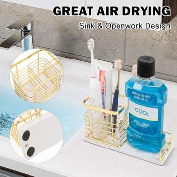 HarJue Gold Marble Toothbrush Holder for Bathroom