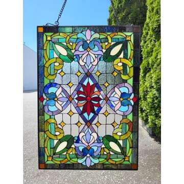 Fine Art Lighting Tiffany Stained Glass 20" x 29" Window Panel, 100% Genuine Stained Glass, 480 Glass cuts, 20 by 29-Inch, Hanging Chain Included, Blue