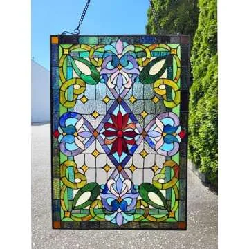 Fine Art Lighting Tiffany Stained Glass 20" x 29" Window Panel, 100% Genuine Stained Glass, 480 Glass cuts, 20 by 29-Inch, Hanging Chain Included, Blue