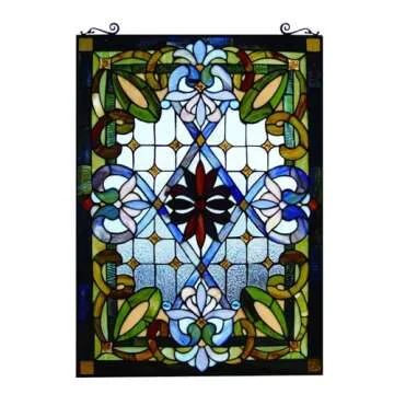 Fine Art Lighting Tiffany Stained Glass 20" x 29" Window Panel, 100% Genuine Stained Glass, 480 Glass cuts, 20 by 29-Inch, Hanging Chain Included, Blue