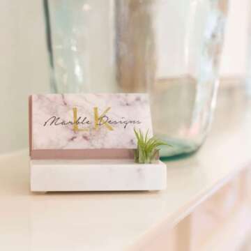 Rose Gold Marble Office Desk Decor for Women Business Card Holder with Air Plant