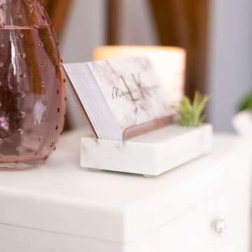 Rose Gold Marble Office Desk Decor for Women Business Card Holder with Air Plant