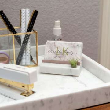Rose Gold Marble Office Desk Decor for Women Business Card Holder with Air Plant