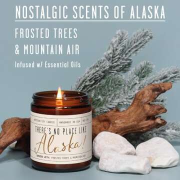 Alaska Gifts, Alaska Decor for Home - 'There's No Place Like Alaska Candle, w/Frosted Trees & Mounta...