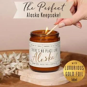 Alaska Gifts, Alaska Decor for Home - 'There's No Place Like Alaska Candle, w/Frosted Trees & Mountain Air I Alaska Souvenirs I Alaska State Gifts I 9oz Jar, 50Hr Burn, USA Made