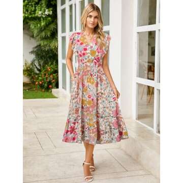 BerryGo Womens Summer Long Dresses Short Sleeve Floral Casual Boho Maxi Beach Dress 2025 Pink Floral...