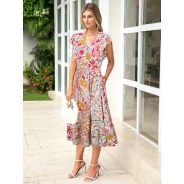 BerryGo Womens Summer Long Dresses Short Sleeve Floral Casual Boho Maxi Beach Dress 2025 Pink Floral S