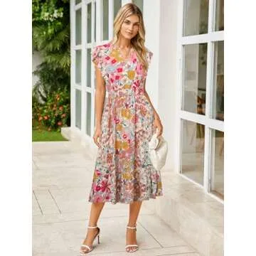 BerryGo Womens Summer Long Dresses Short Sleeve Floral Casual Boho Maxi Beach Dress 2025 Pink Floral S