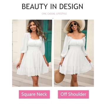 Phortric Womens Summer Tie Back Dress Square Neck Lantern Sleeve Off Shoulder A-Line Casual Mini Dre...