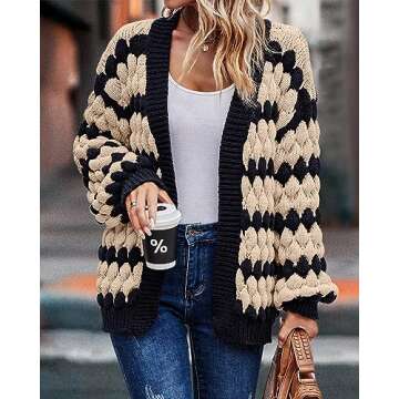 KIRUNDO Women's Open Front Color Block Chunky Knit Cardigan Fall Long Sleeve Striped Casual Loose Soft Warm Winter Outerwear Coatigan(Beige, Large)