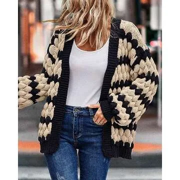 KIRUNDO Women's Open Front Color Block Chunky Knit Cardigan Fall Long Sleeve Striped Casual Loose Soft Warm Winter Outerwear Coatigan(Beige, Large)