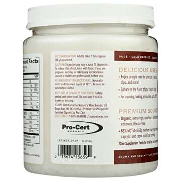 Nature's Way Organic Extra Virgin Coconut Oil, Pure Source of MCTs, Cold-Pressed, 32 Oz.